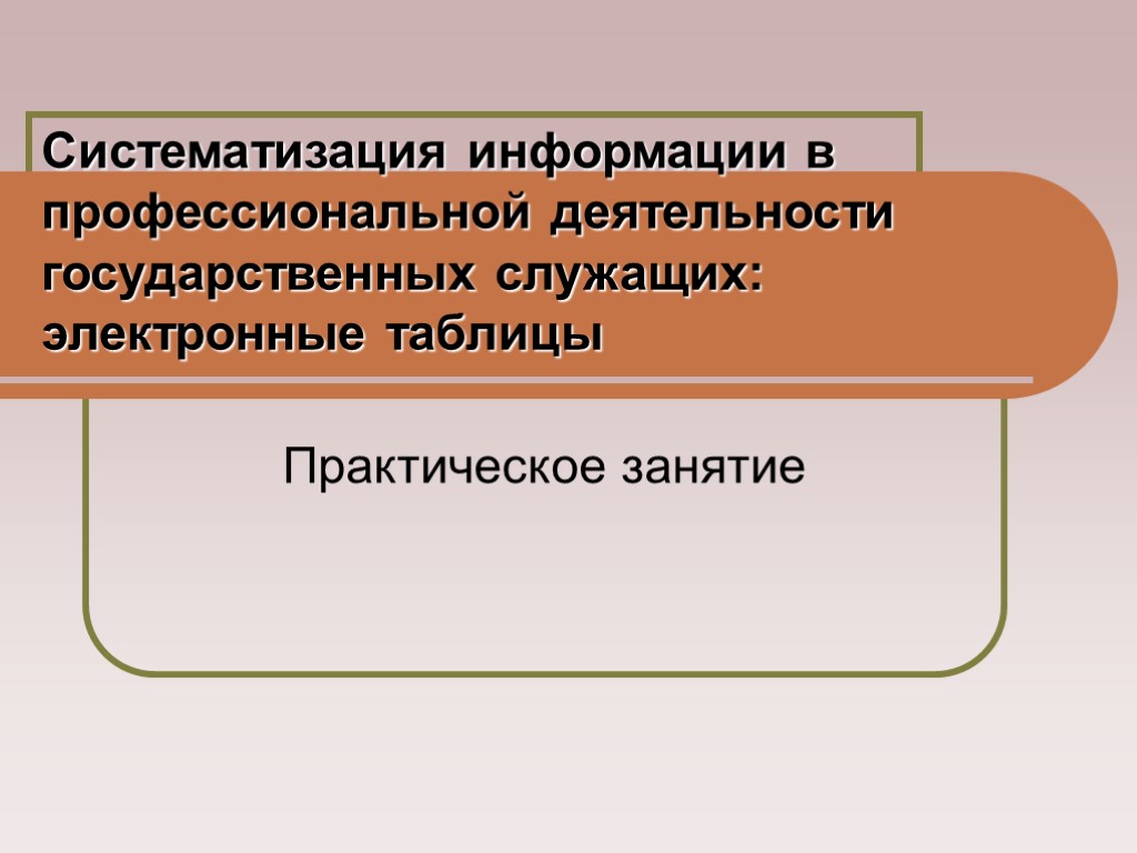 Систематизация информации в профессиональной деятельности государственных служащих: электронные таблицы Практическое занятие